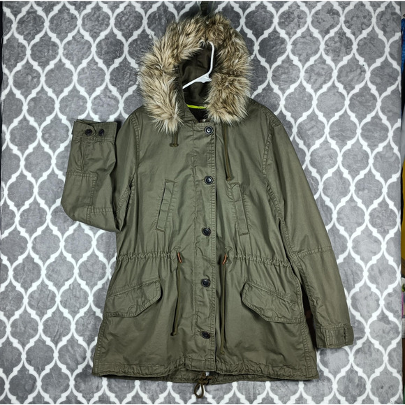 Gap Jacket Womens XL Green Hooded Parka Faux Fur Lined Winter Warm Coat - Picture 1 of 14